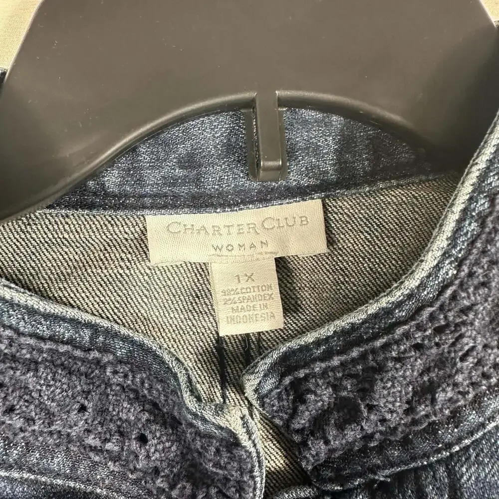 Charter Club Woman Denim Jacket Size 1X Blue Cotton Spandex Band Collar